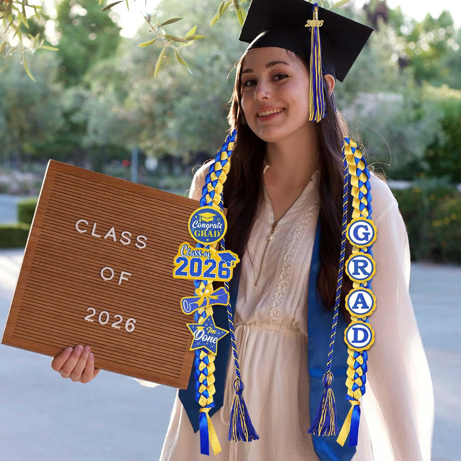 Graduation Leis 2026 Cords Tassel with 2025 Gold Charm, Graduation Money Leis 8 Glitter Patches Cord Tassel Charms for Graduation Decorations (Blue & Gold)