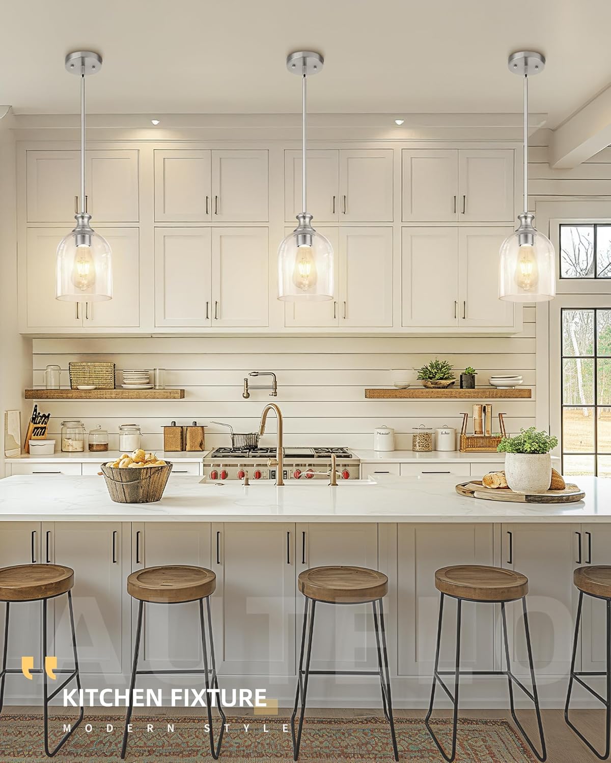 AUTELO 2 Pack Brushed Nickel Pendant Lights, Glass Pendant Lights Kitchen Island with Clear Cylinder Glass, Industrial Pendant Lighting with Adjustable Rods, H2511 CLST 2PK