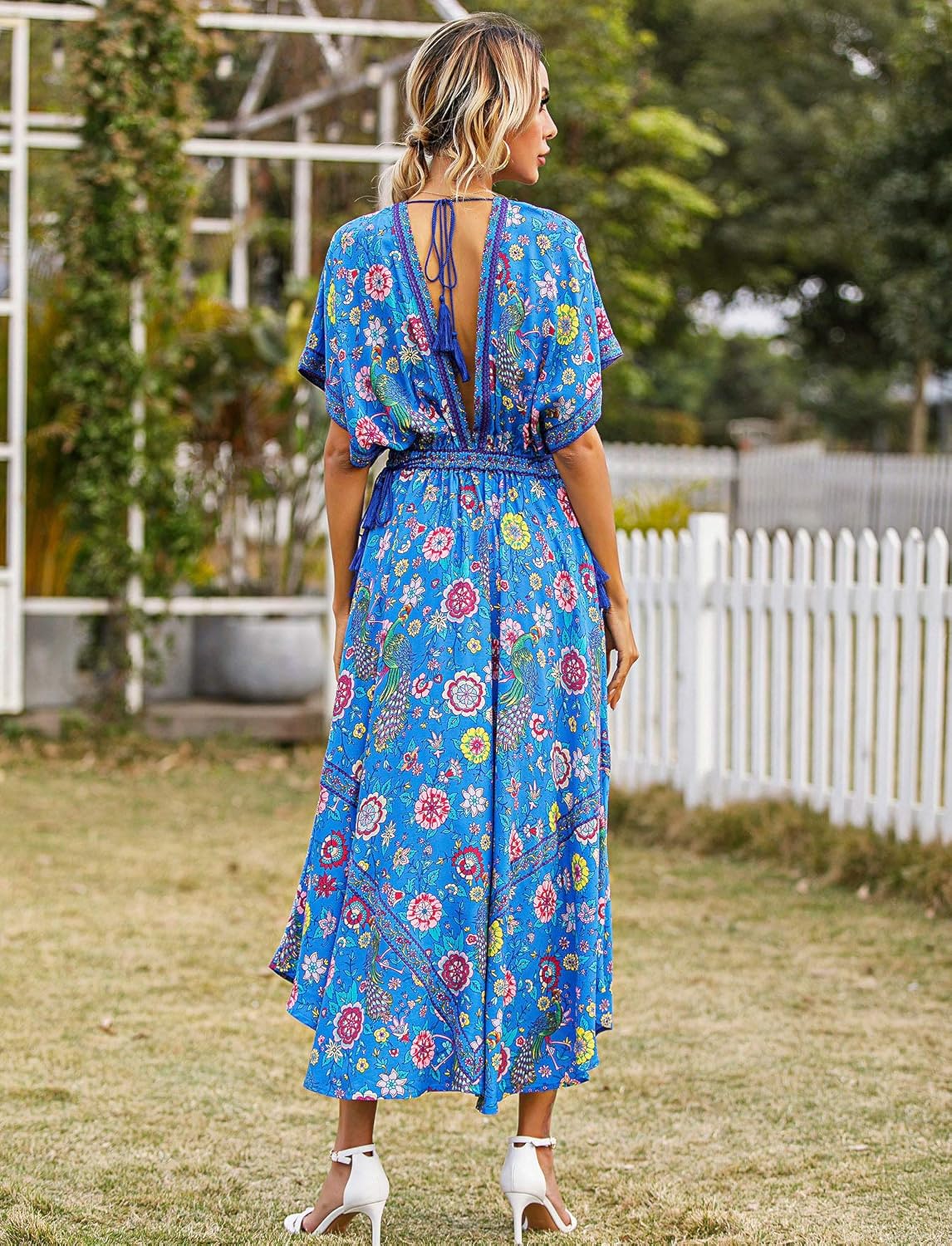 R.Vivimos Women Summer Print Deep V Neck Cotton Beach Long Dresses - Image 4