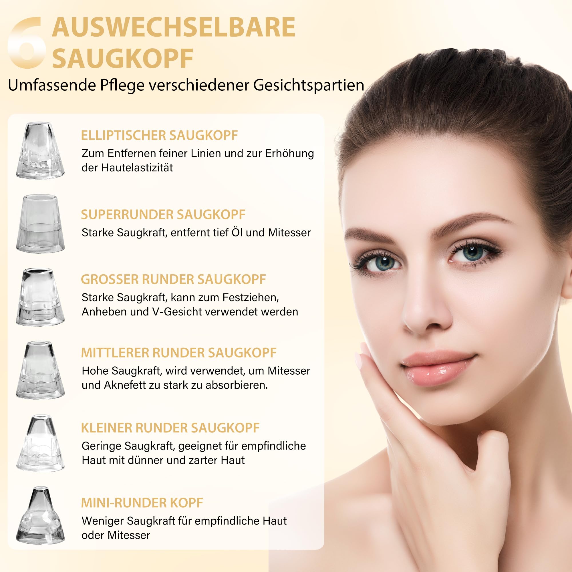 Porenreiniger Gesicht Mitesserentfernung, Porensauger Gesicht Mitesser Entferner Sauger Nase Akne Pickelsauger mit 3 Saugstufen und 6 Köpfe Blackhead Remover Pickelentferner - 4