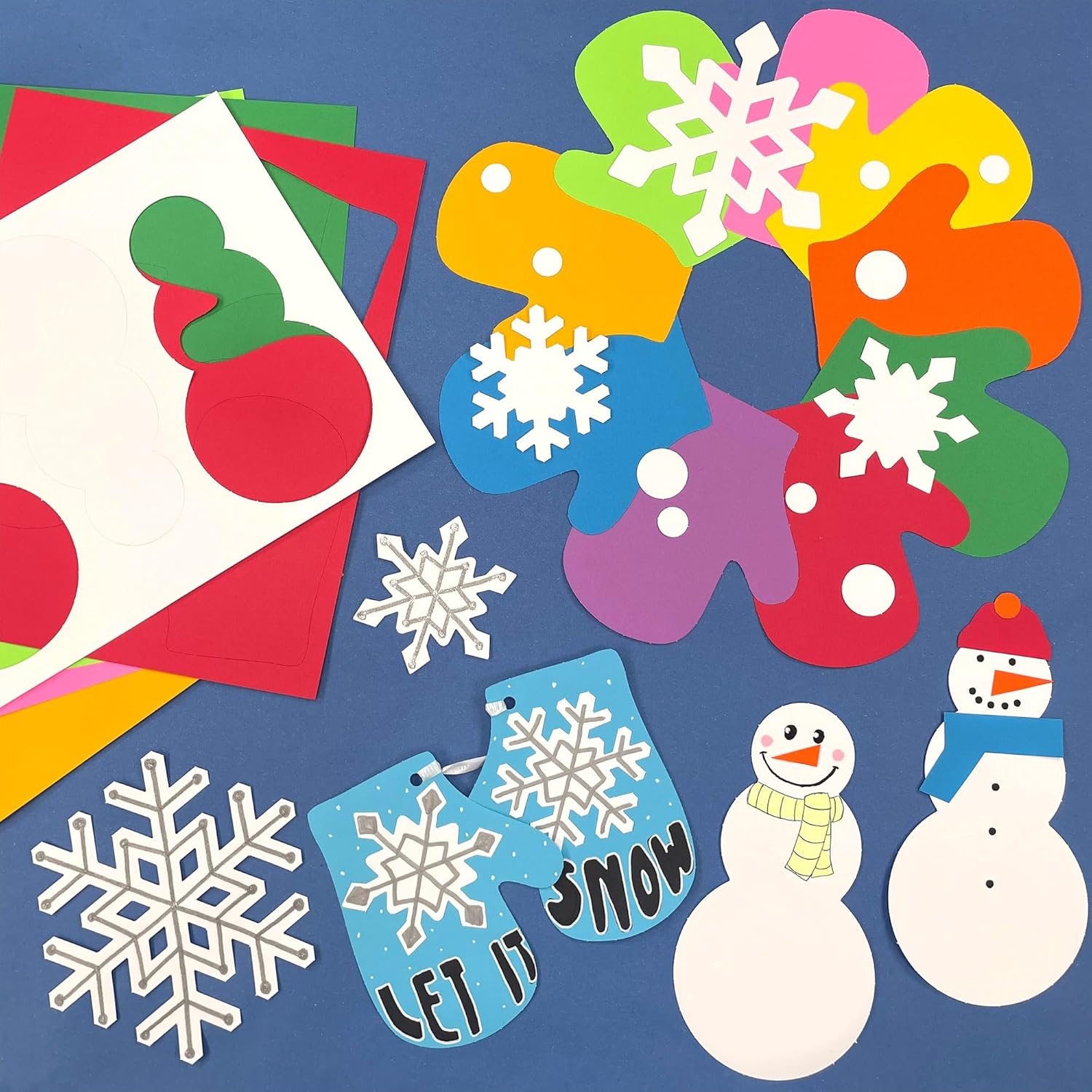 120 Pieces Snowflakes, Mittens, and Snowman Punch Out Paper Cutouts on 2-Sided, US Made Card Stock for Christmas Crafts, Bulletin Boards, Classroom Decor, Posters, and Winter Wonderland Parties