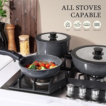 GiPP 3PCS Pots and Pans Set Non Stick,Granite Nonstick Kitchen Cookware Set with Detachable Handle, PFAS & PFOA Free, RV Cookware Set for Camping, Oven Safe(Grey,3PCS)