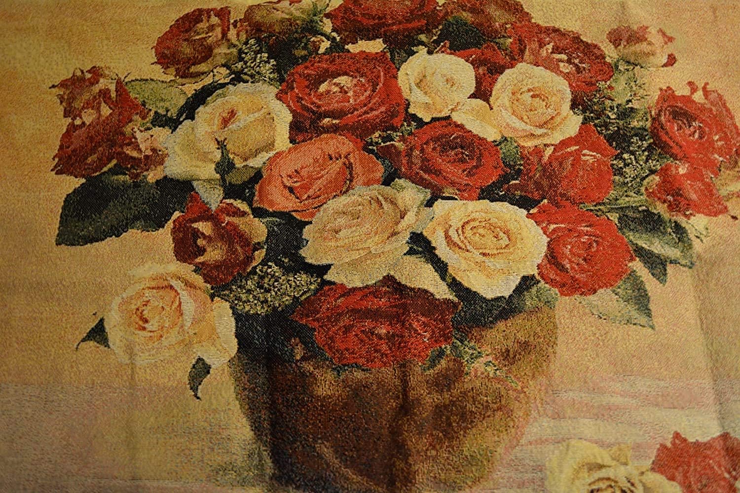 Tache Floral Tapestry Wall Hanging Rose Flowers Decorative French Floral Valentine's Proposal Woven Red and White Roses Bouquet Jacquard Wall Hanging Fine Art Home Decor