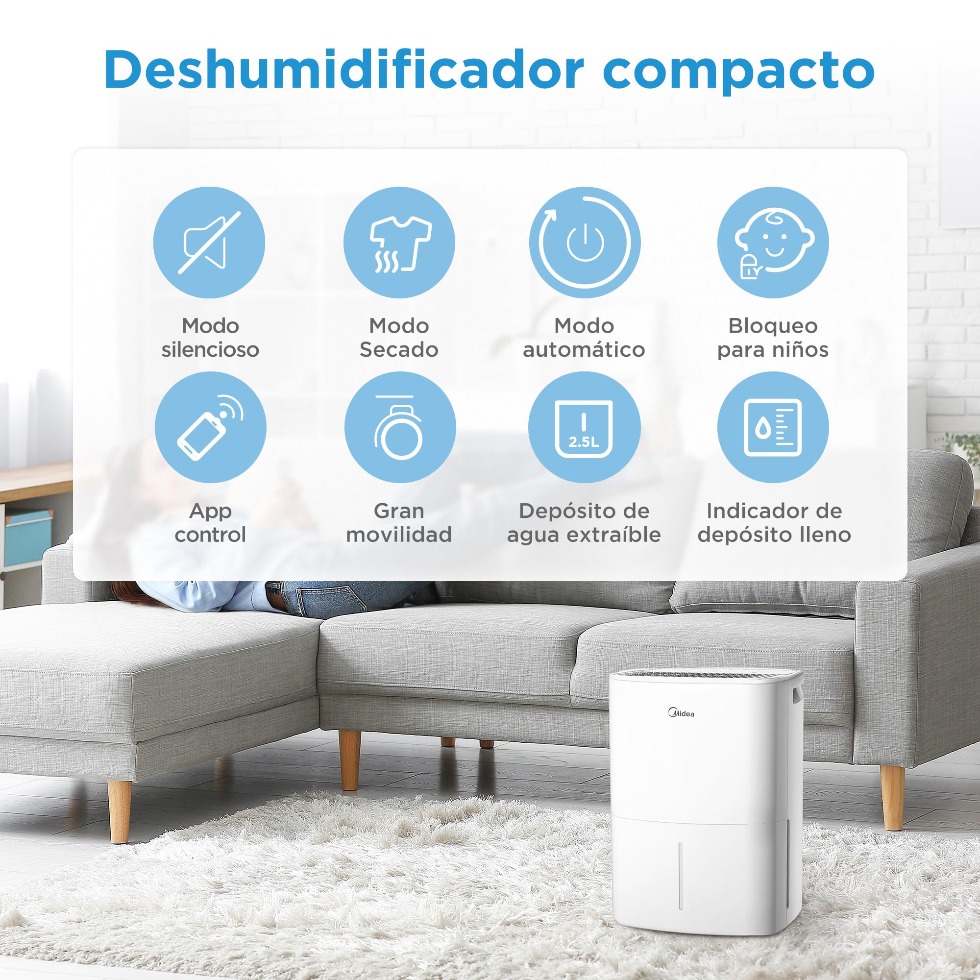 MIDEA Deshumidificador de Humedad Silencioso 12L con App Control hasta 35 m2 - Deshumificadores para Humedades en Habitación con Depósito Extraible - Deshumificador Electrico Pequeño Bajo Consumo