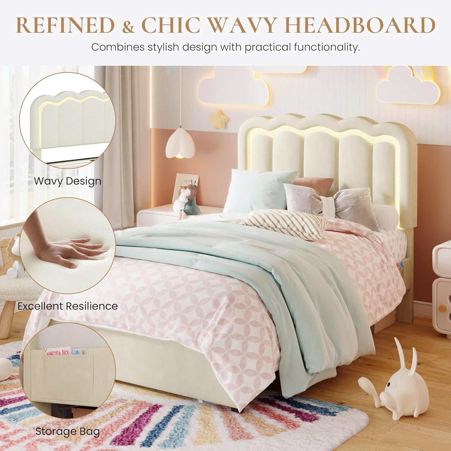 SHA CERLIN Upholstered Twin Size Bed Frame with LED Lights and Large Storage Drawer, Velvet Platform Bed with Adjustable Wavy Headboard, Noise Free, Easy Assembly, No Box Spring Needed, Soft Cream