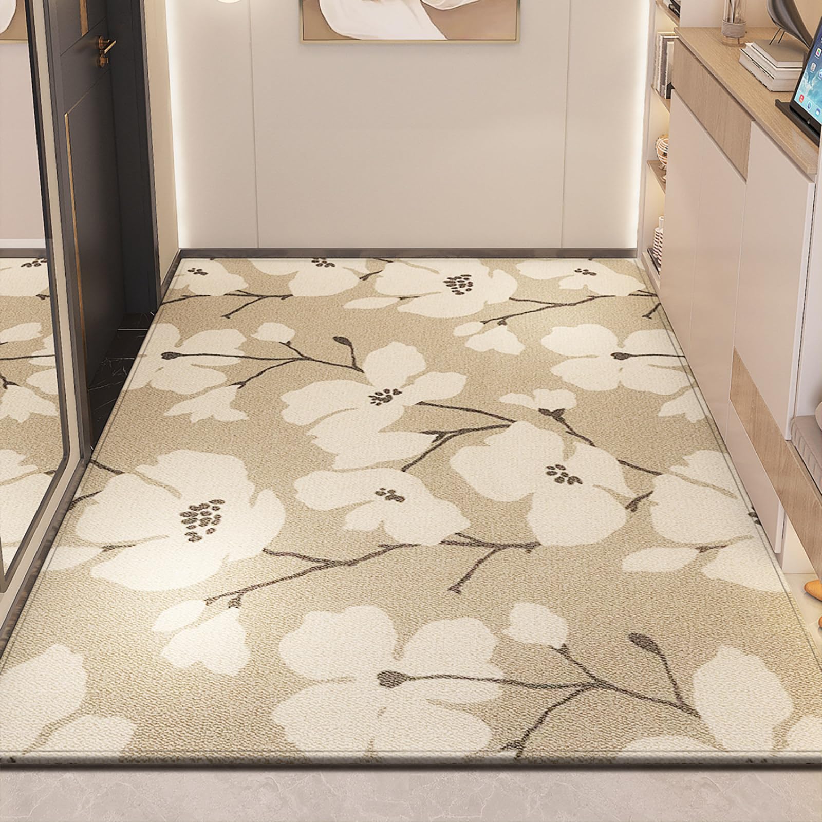 Felpudo Entrada Casa 90x150 Patrón De Flor De Ciruela Marrón Beige Felpudo Exterior Antideslizante Lavable Felpudos para Pasillo Cocina Puerta Jardín Decoración Alfombrilla para Entrada