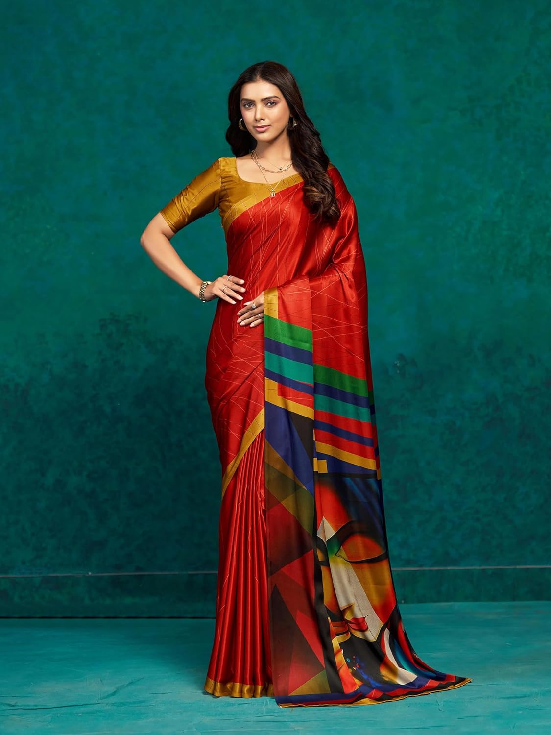 Womens Digital Portrait Face Art Satin Silk Ready To Wear Saree One Size Red