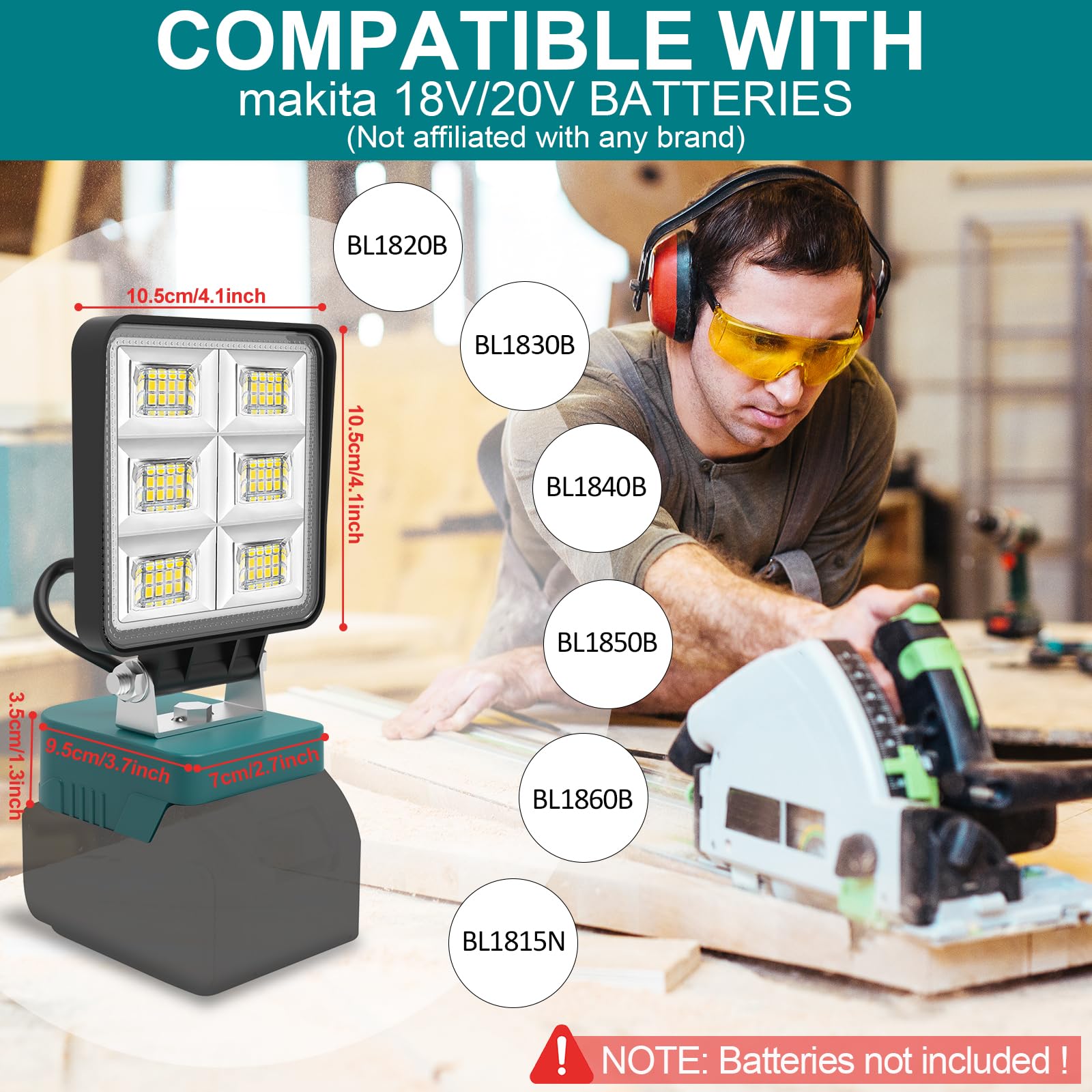 T-SUN Akku Lampe Kompatibel mit Makita 18V Akku, 48W 5200LM LED Arbeitsleuchte Tragbares Flutlichter Baustellen Lampe mit USB & Typ-C, 2 Modi Akku Scheinwerfer für Camping, Autoreparaturen(Ohne Akku)