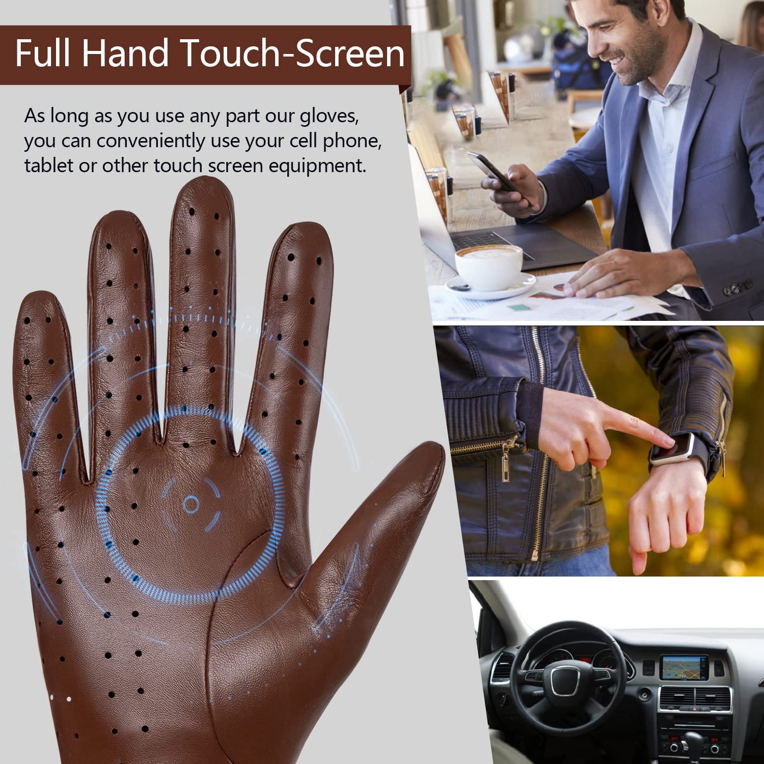 GSG SINCE 1998 Gants cuir homme, gants de conduite tactiles | Cuir perforé sur paume et doigts, non doublé et respirant, poignet court à bouton : auto, moto, écrans tactiles