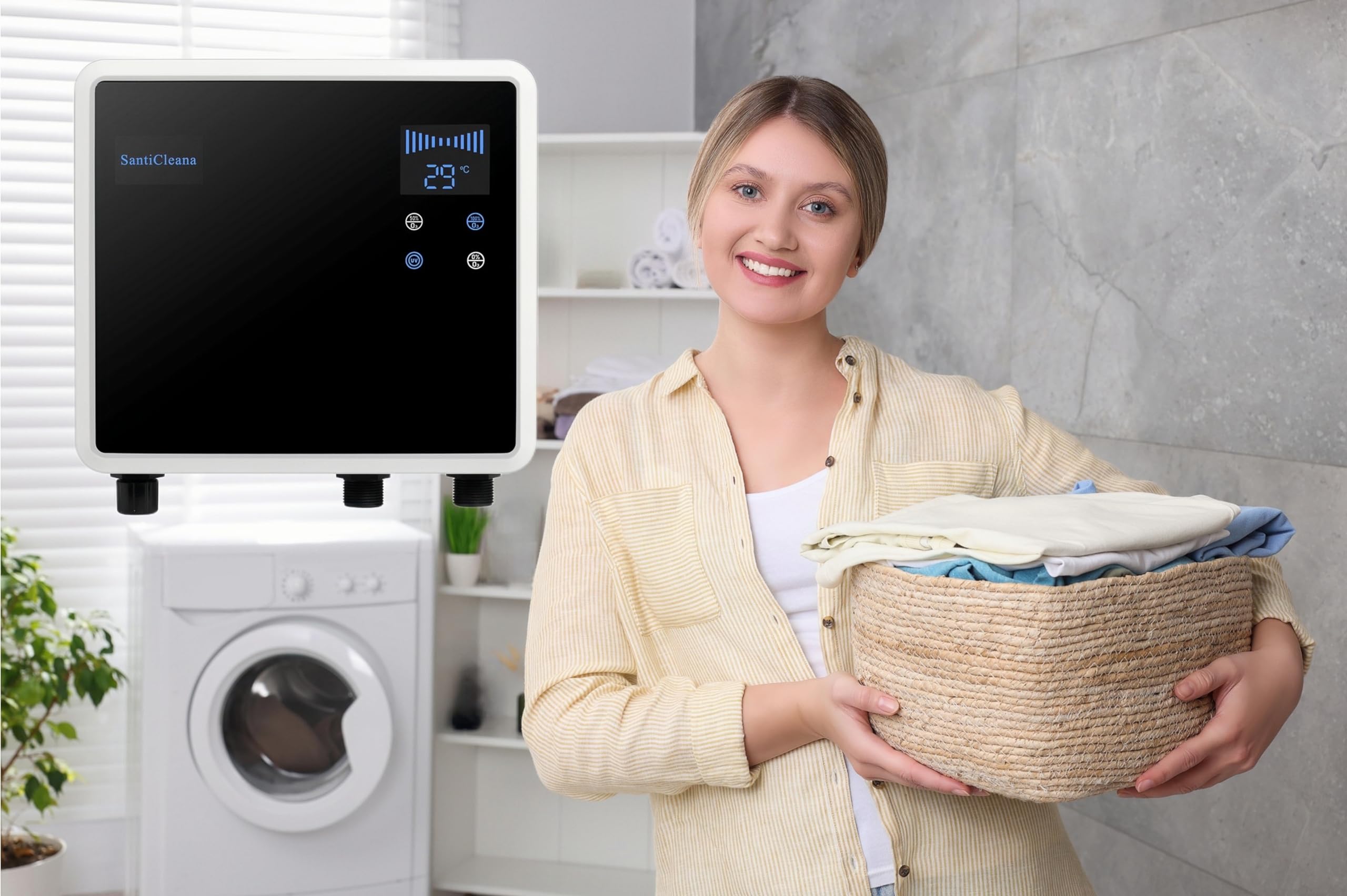 SantiCleana Générateur d’ Eau à l’ Ozone pour Machine à Laver - avec Pulvérisateur en Acier Inoxydable ! 2 Sorties d’ Eau ! - Taux de Nettoyage Plus Élevé !