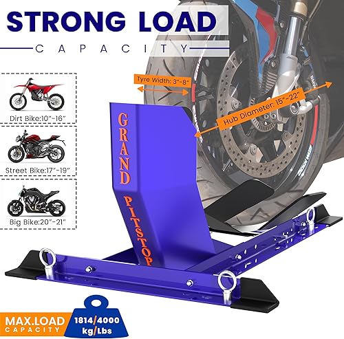 Miniatura 3 de GRAND PITSTOP Calzo de rueda universal para soporte de motocicleta para remolque, completamente ajustable, desmontable y plegable (azul)