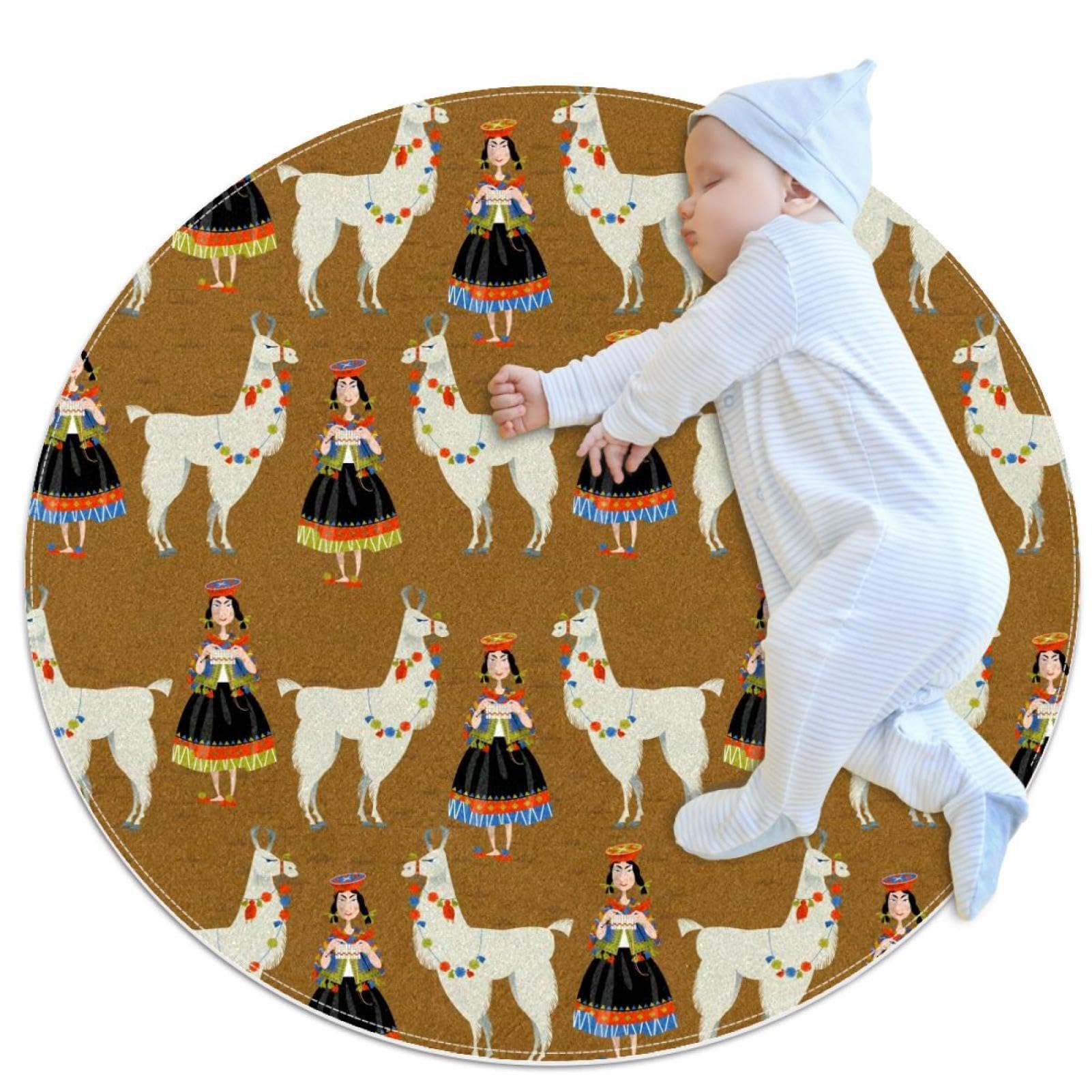 Tapis de salle de bain rond 1m motif lama alpaga antidérapant chambre