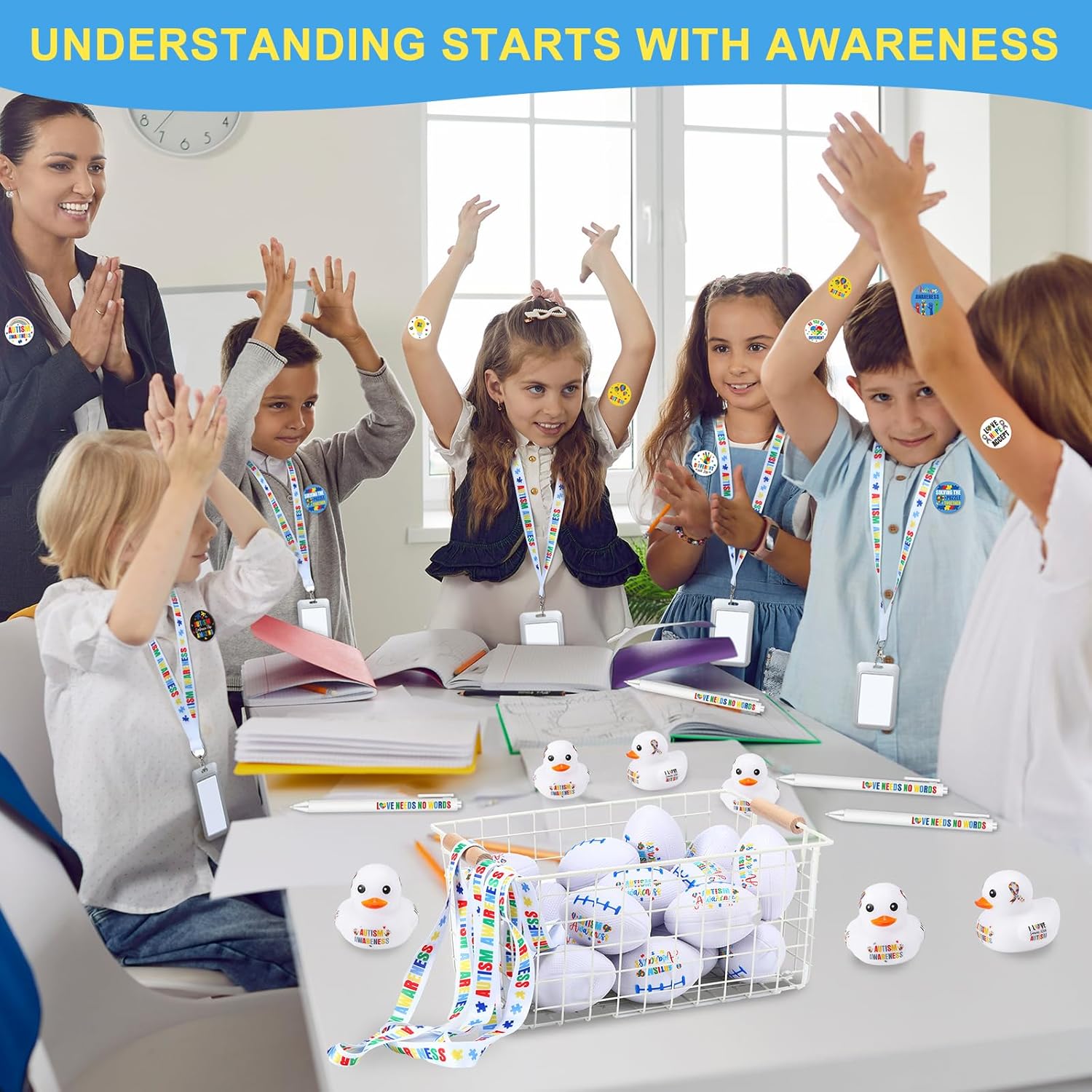 1140 Pcs Autism Awareness Accessories Set Autism Awareness Stuff Include Puzzle Piece Keychains Stickers Buttons Stress Balls Pens Silicone Bracelets Rubber Ducks Lanyards - Image 5