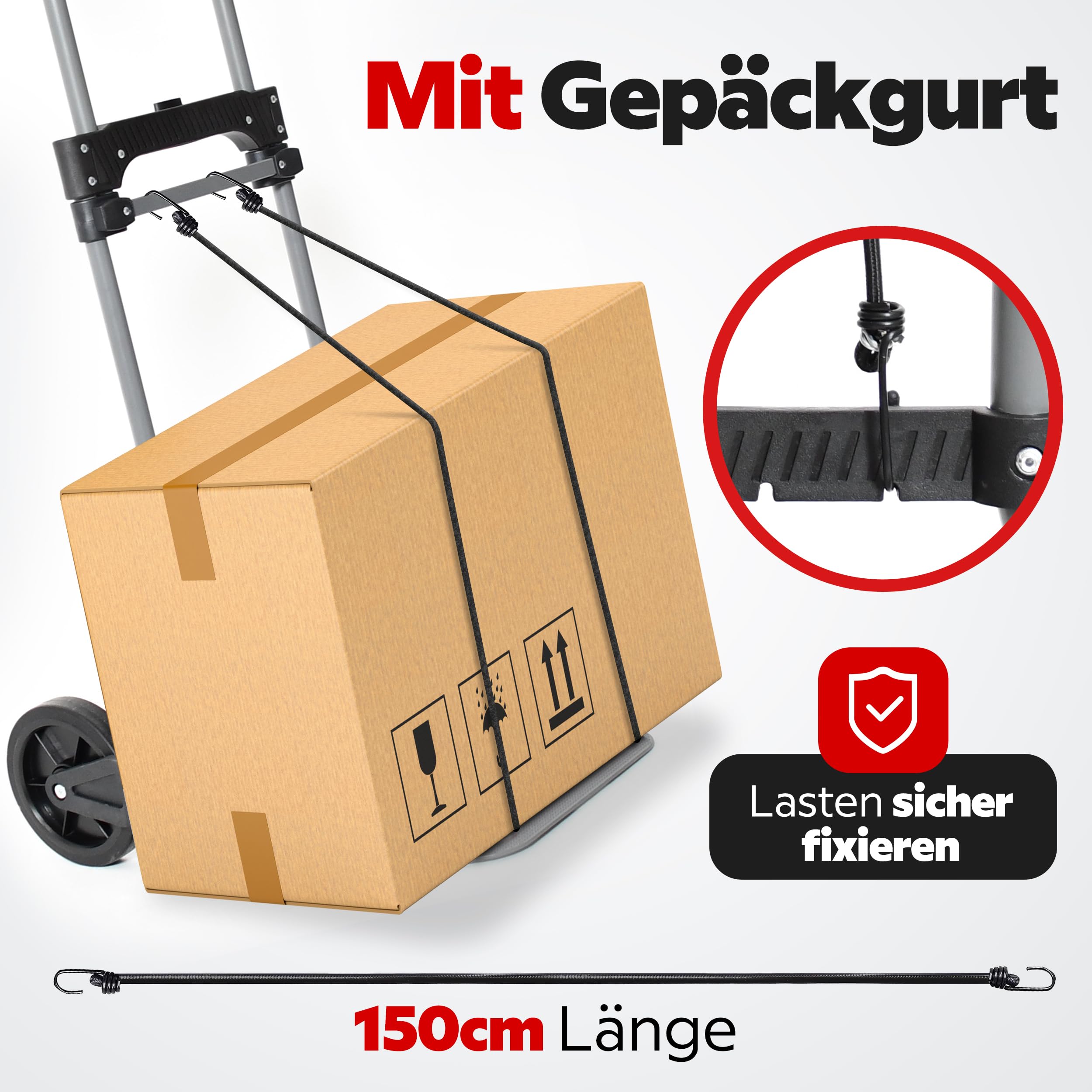 ONBEST Sackkarre klappbar 150 kg – Geprüfte Qualität, Vollgummireifen, 110 cm Griff, große Ladefläche – Faltbare Transportkarre/Trolley mit Rollen inkl. 150 cm Gurt – Umzugshelfer & Transporthilfe