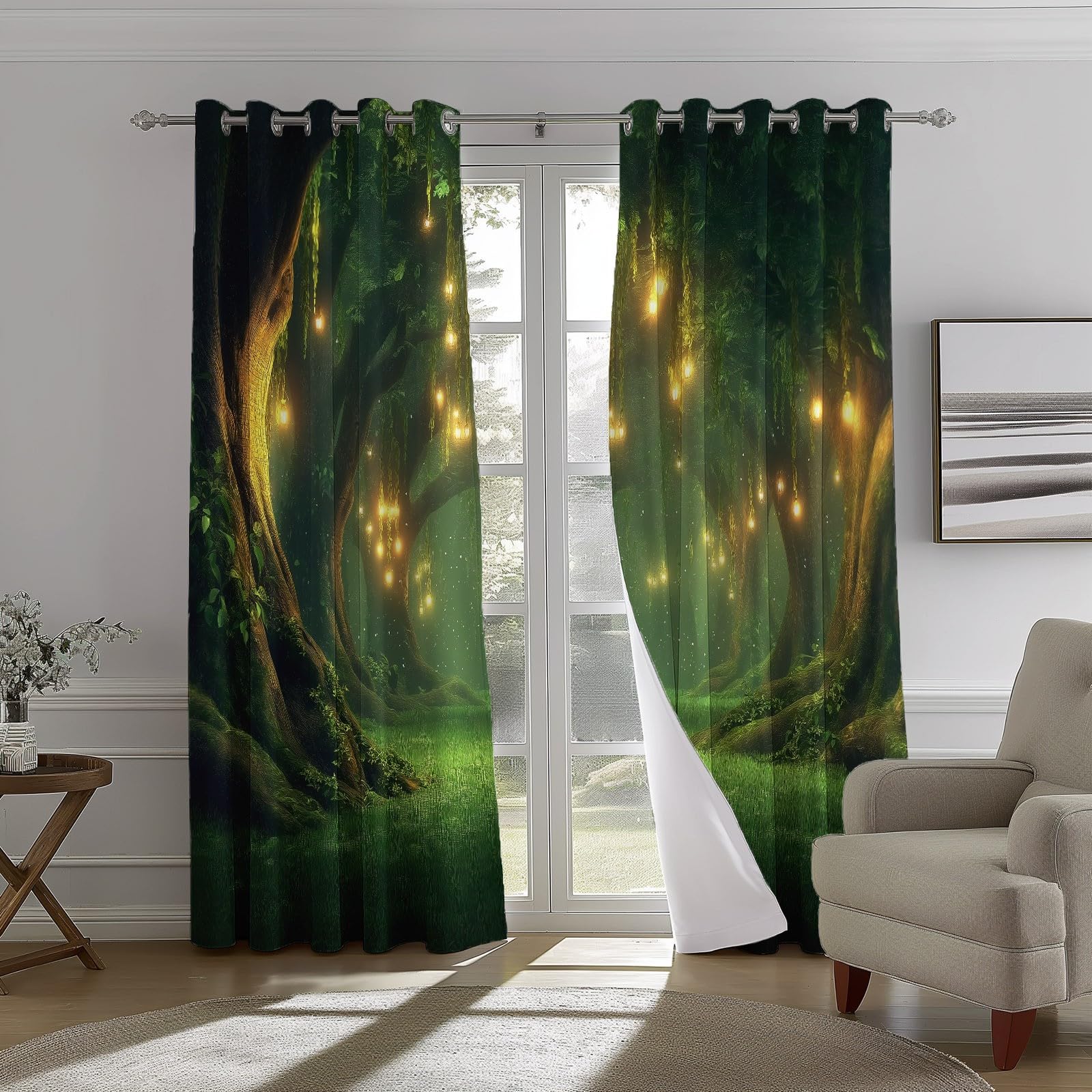 Marzycielskie światła w lesie zasłony z nadrukiem 140 cm x 240 cm (2 panele) zasłony sypialnia pokój dziecięcy młodzież izolowane termicznie zasłony okienne zielone