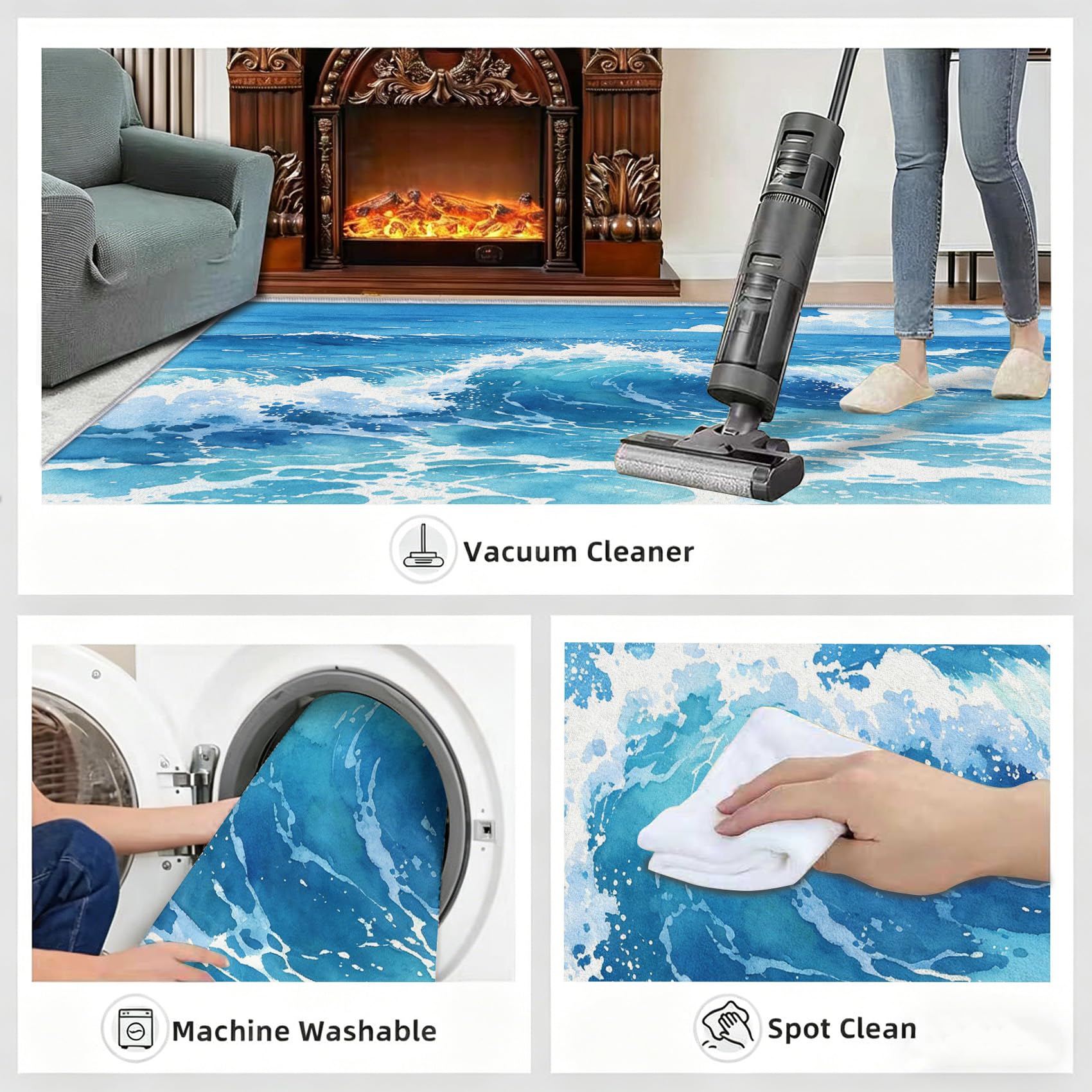 Tapis Carré Océan Bleu 200x200cm Salon Chambre Tapis Mer Antidérapant Lavable Doux Poils Courts Decoration 3D Vagues Paillasson Interieur pour Salle à Manger Cuisine a/2087