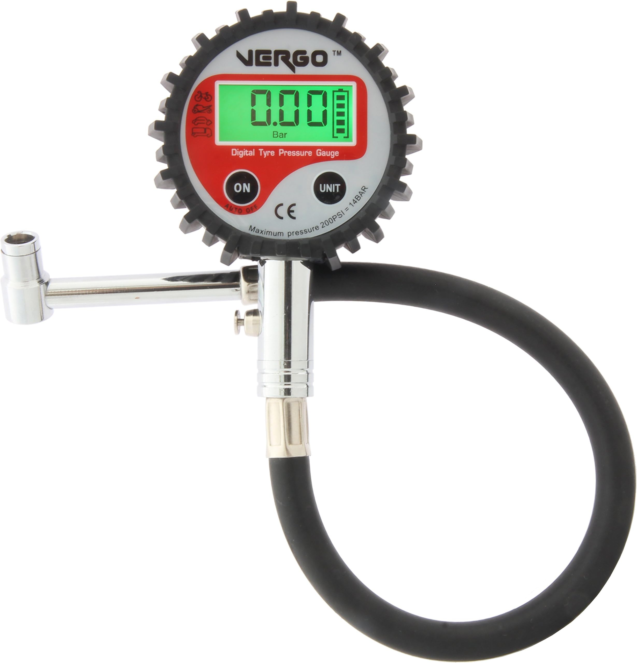 VERGO Digital tyre pressure gauge with hose- Heavy Duty - 2.5 inch diameter head - Multiple Units - 0-14 Bar/ 0-200 PSI - Backlit LCD display - Flexible Hose - 90 degrees end- Car Truck Motorbike