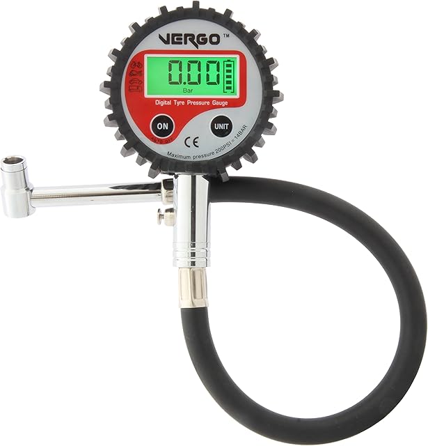 VERGO Digital tyre pressure gauge with hose- Heavy Duty - 2.5 inch diameter head - Multiple Units - 0-14 Bar/ 0-200 PSI - Backlit LCD display - Flexible Hose - 90 degrees end- Car Truck Motorbike