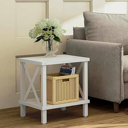 Miniatura 2 de MLBZ16W - Mesa auxiliar grande de estilo industrial, mesa auxiliar de madera con acento en X de metal con estante de almacenamiento para sala de