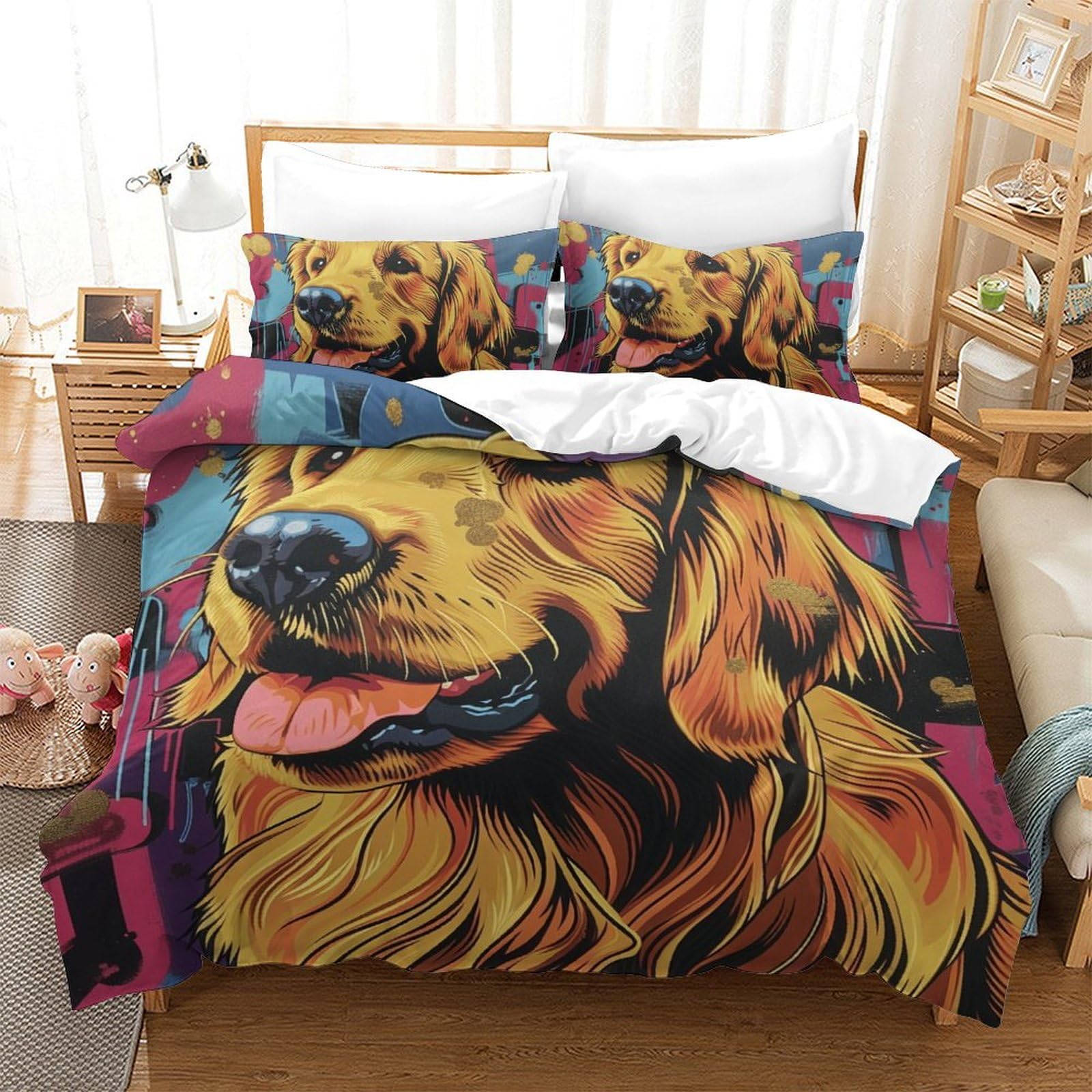 Parure de lit chien Golden Retriever 3 pièces microfibres housse de couette 200x200 fermeture éclair