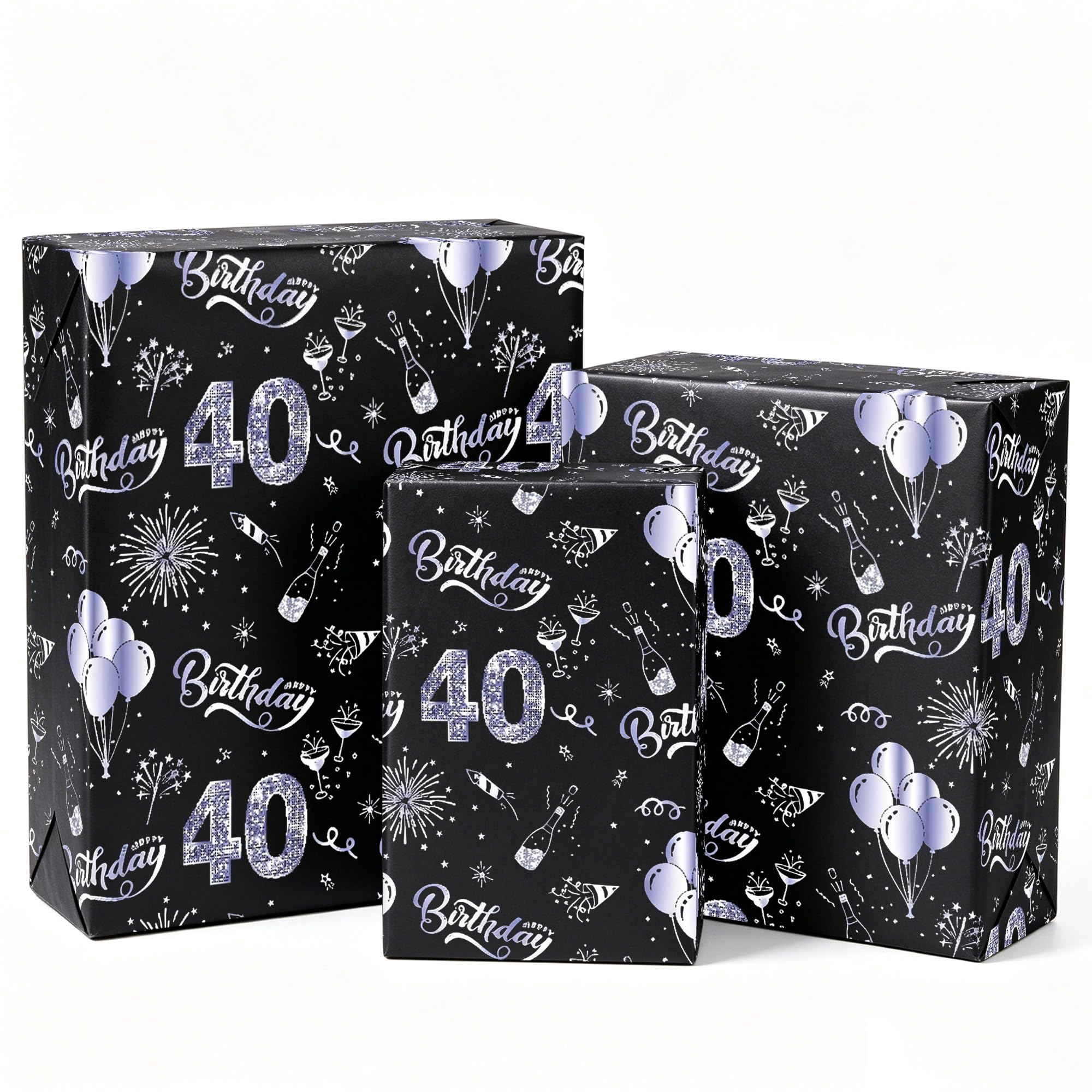 Xenray 40th Birthday Wrapping Paper,5 sheets 50x70 Black Silver Recyclable Paper for 40 Year Old Men Women