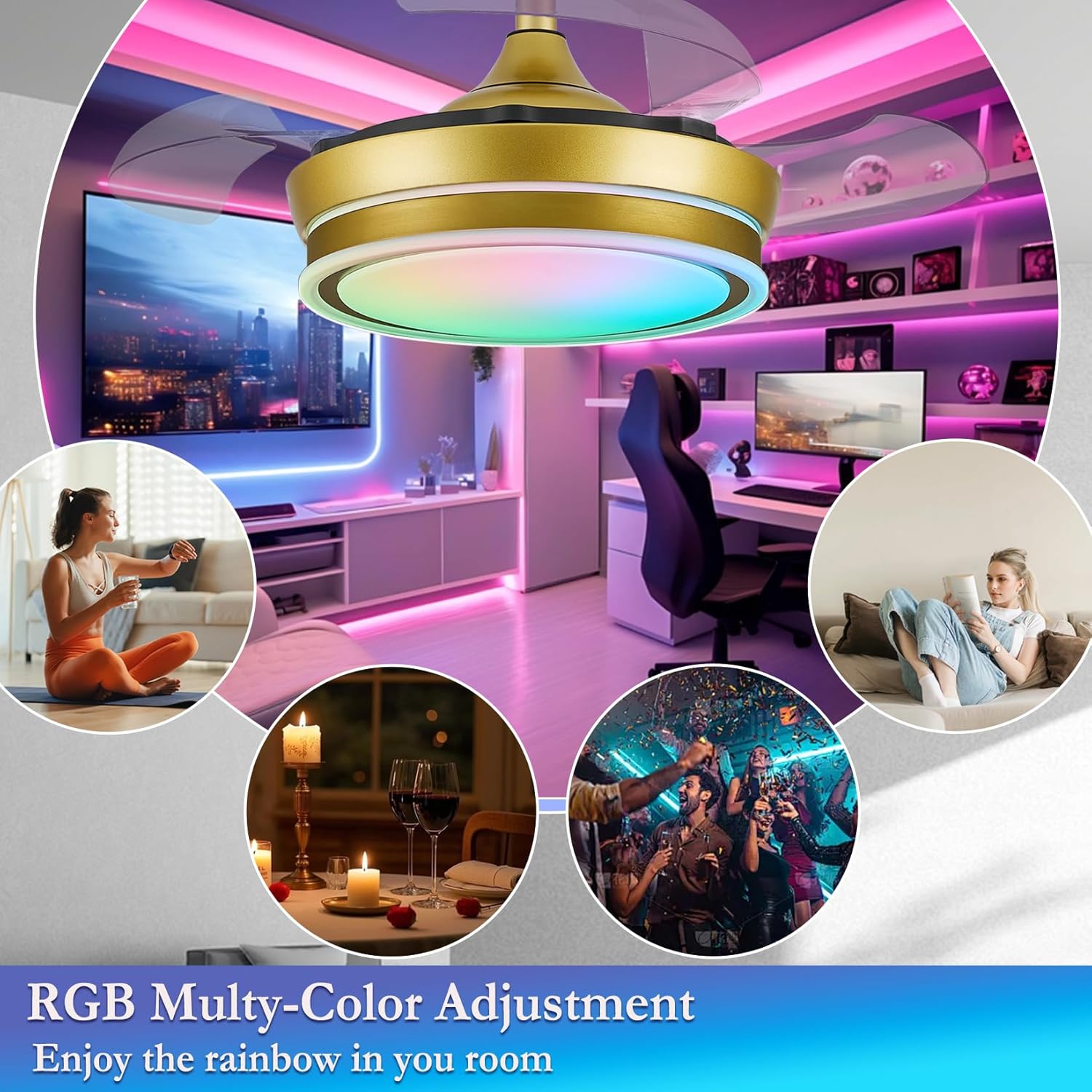30" Retractable Ceiling Fan with Light, RGB Modern Fandelier 6 Speeds Reversible Blades Dimmable Remote App Control Memory Timer Gold