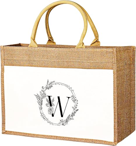 Miniatura 12 de JUSTOTRY Bolsa de mano con inicial, yute natural, grande, 13 onzas, personalizada, bolsa de lona con monograma, regalo para mujer