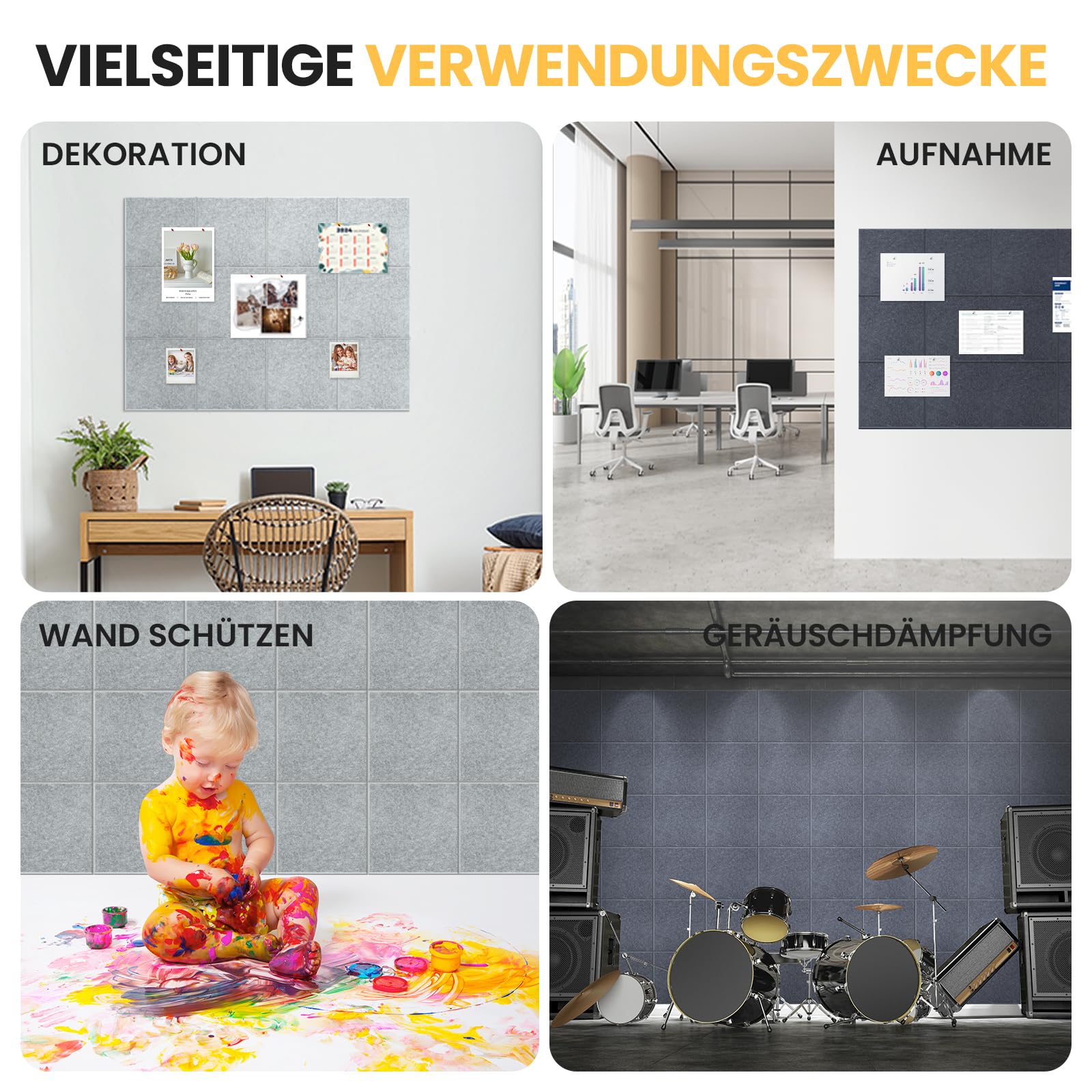 Lot de 6 tableaux d'affichage en feutre autocollant 90 x 60 cm gris clair avec 30 punaises