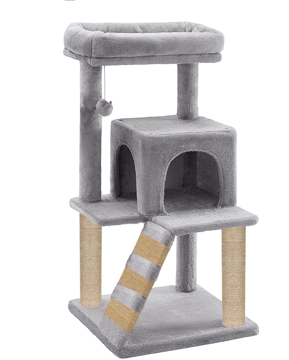 Hiputee Fur Fabric Cat Kitten Tree | Hanging Toy | Ladder | Jute Rope | Scratching Post (Grey) (Height 39 Inch)
