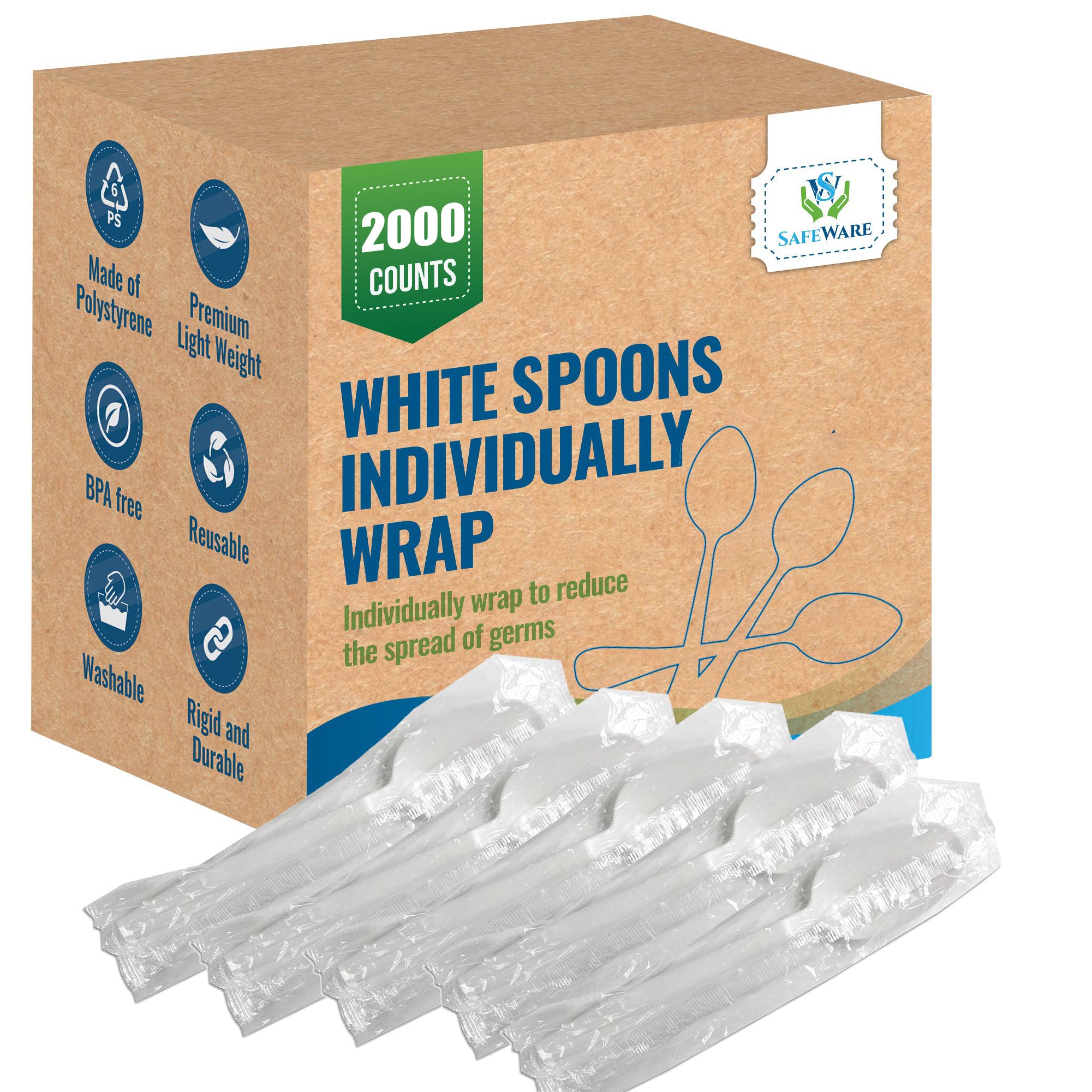 SafeWare2,000 Pcs- Medium Weight Individually Wrapped White Plastic Spoons - Ideal for house Party, Backyard BBQ, Home Use.