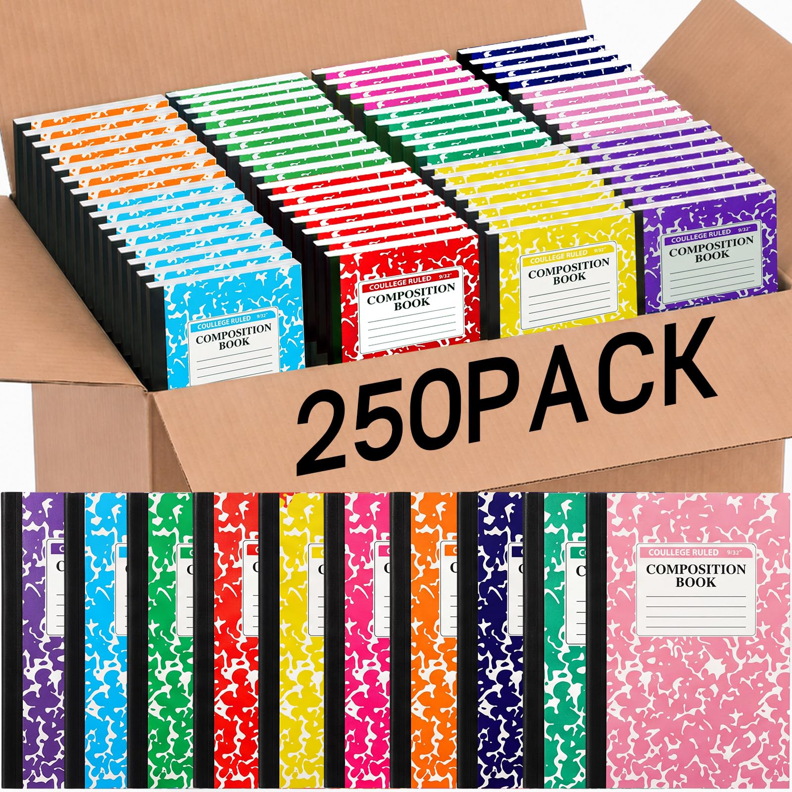 Fainne Confezione da 250 quaderni formato A5, a righe, con copertina in marmo, per scuola, classe, ufficio, 10 colori