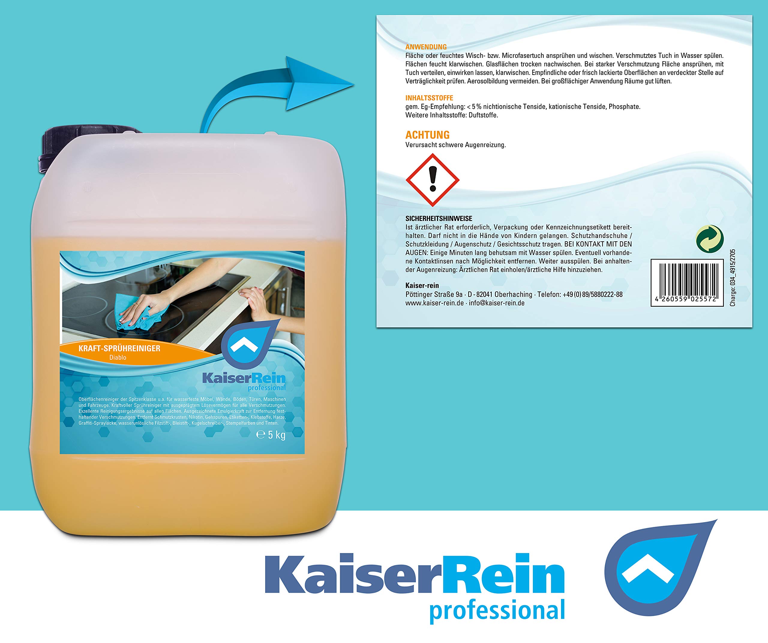 KaiserRein Kraft-Reiniger Allzweckreiniger Diablo Spray 5 L Kanister Oberflächen-Reiniger Fettlöser Rauchentferner optimaler Nikotinentferner auf Fliesen, Türen, usw.