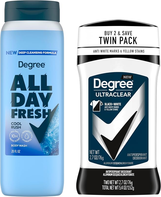 Degree Men Holiday Gift Set – UltraClear Antiperspirant (2-Pack, 2.7 oz) + Cool Rush Body Wash (20 oz), Men’s Grooming Kit, 72-Hour Sweat & Odor Protection