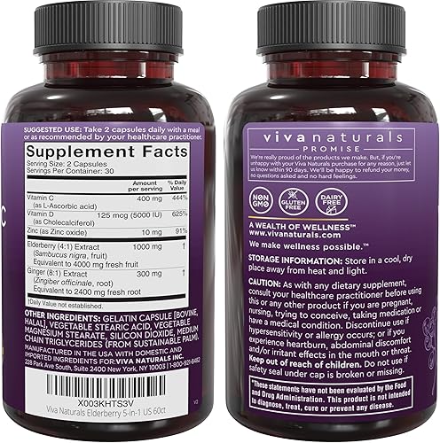 Miniatura 8 de Viva Naturals Sambucus Saúco con zinc y vitamina C para adultos, vitamina D 5000 UI y jengibre, suplemento de apoyo inmunológico, 60 unidades,