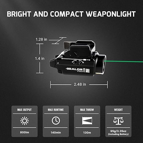Miniatura 2 de OLIGHT - Luz Baldr S para arma con 800 lúmenes magnética, recargable por USB y combinación de luces LED de haz verde y blanco, linterna táctica y