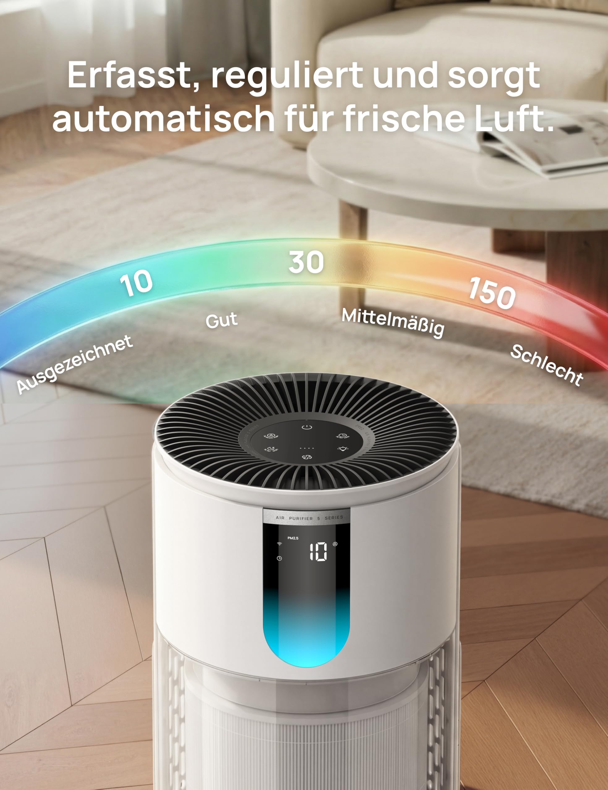 DREO Luftreiniger für Schlafzimmer bis 109 m², gegen Gerüche, Pollen & Rauch, AHAM-verifiziert, 3-in-1 HEPA-Filter, PM2,5-Sensor, Luftqualitätsmonitor, 18 dB, WLAN, Alexa