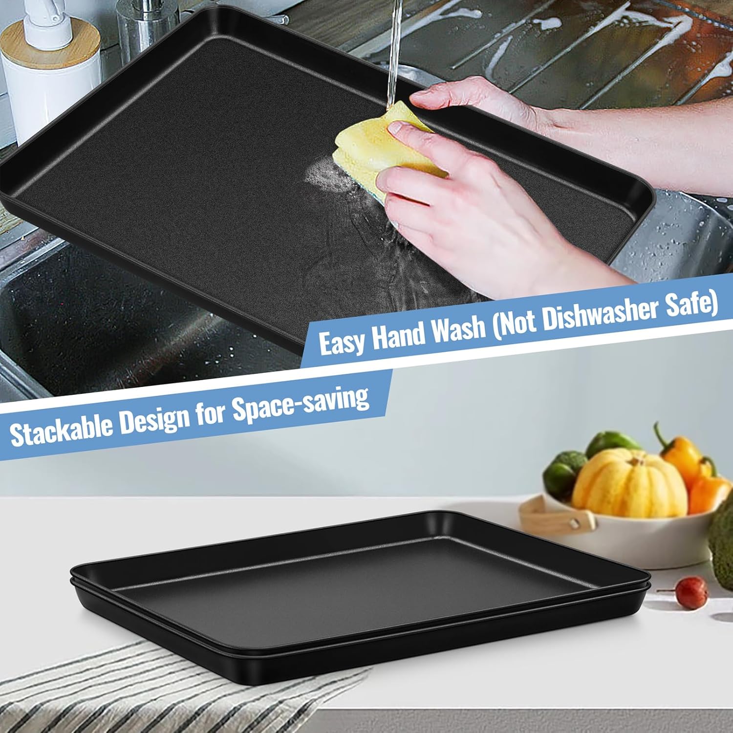 TeamFar Baking Sheets, 16” x 12” x 1”, Carbon Steel Baking Pan Cookie Sheets Tray with Coating for Home/Toaster Oven, Healthy & Non-Stick, Heat-Resistant & Easy Clean, 2 PCS