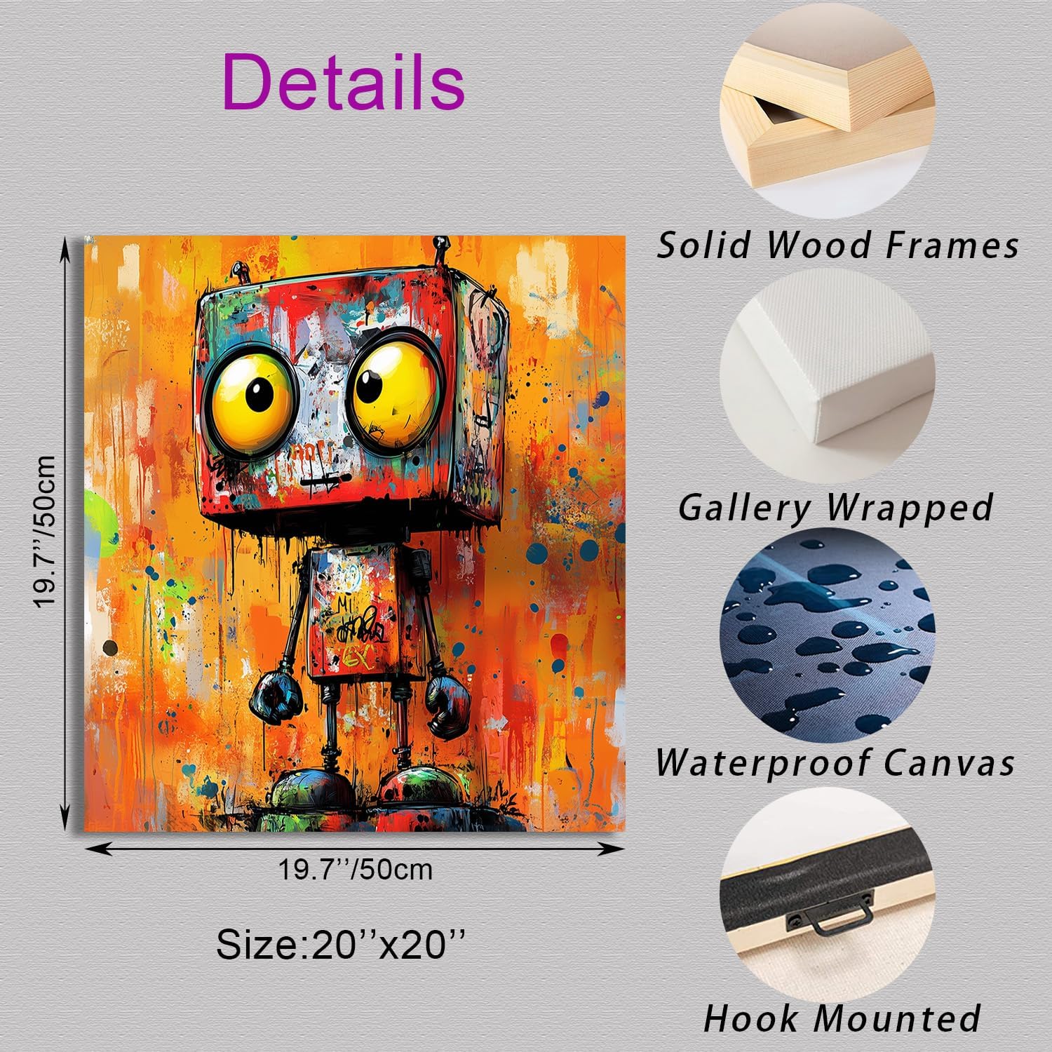 Ypxzzj Vibrant Abstract Robot Wall Art Canvas Print Pop Robot Posters Paintings for Boys Room Wall Art Decor Graffiti Street Wall Decoration Artwork Prints for Living Room Bedroom(20''x20'')