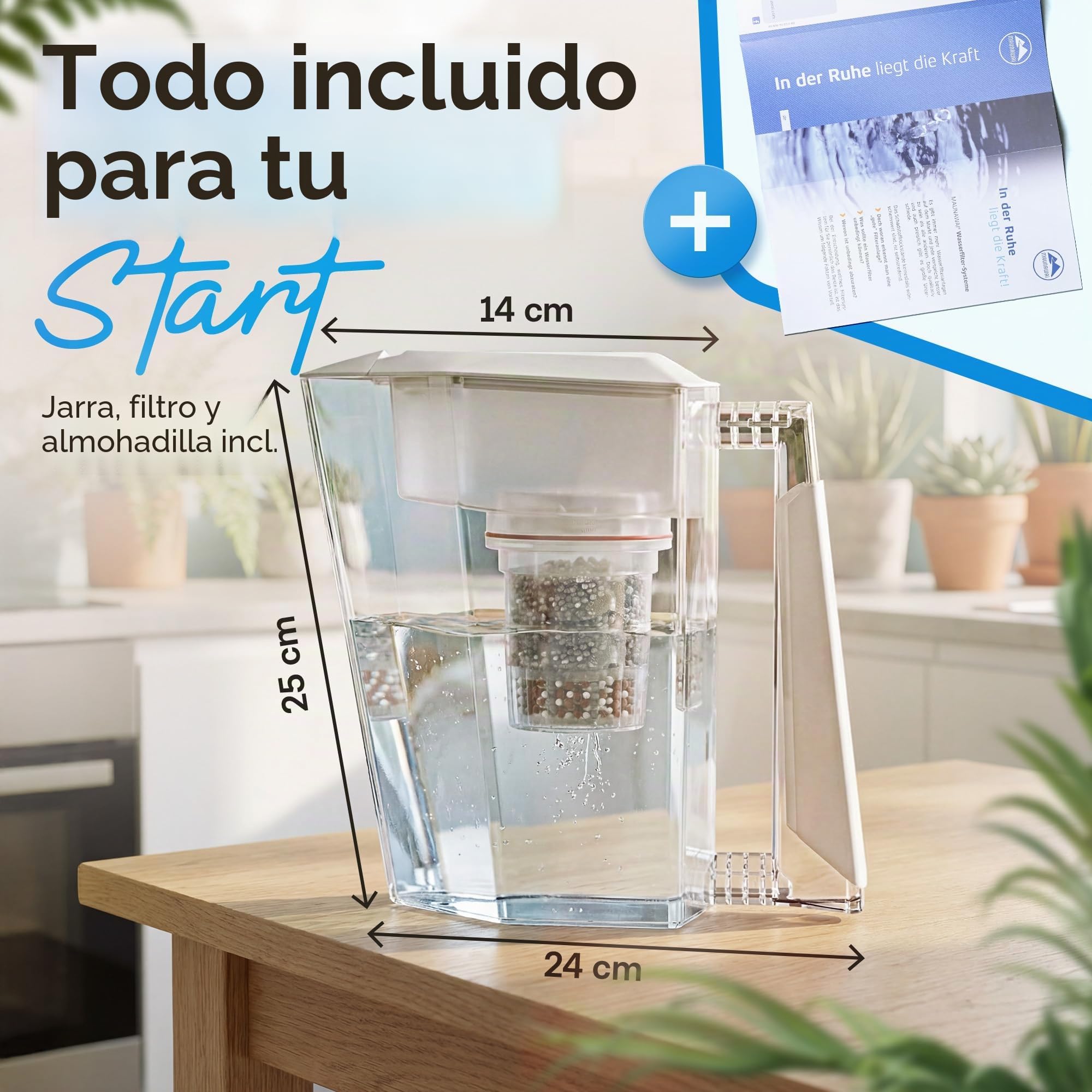 Filtro de agua MAUNAWAI® Premium Bio, incluye 1 jarra de agua + 1 cartucho filtrante y almohadilla de filtro (para 3 meses) - Blanco, filtro de agua potable + jarra con filtro