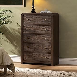 5 Drawer Tall Dresser for Bedroom, 47'' Rattan Dresser with Ample Storage, Boho Chest of Drawers, Thickened Curved Profile Design, Dark Walnut Dressers for Bedroom, Living Room