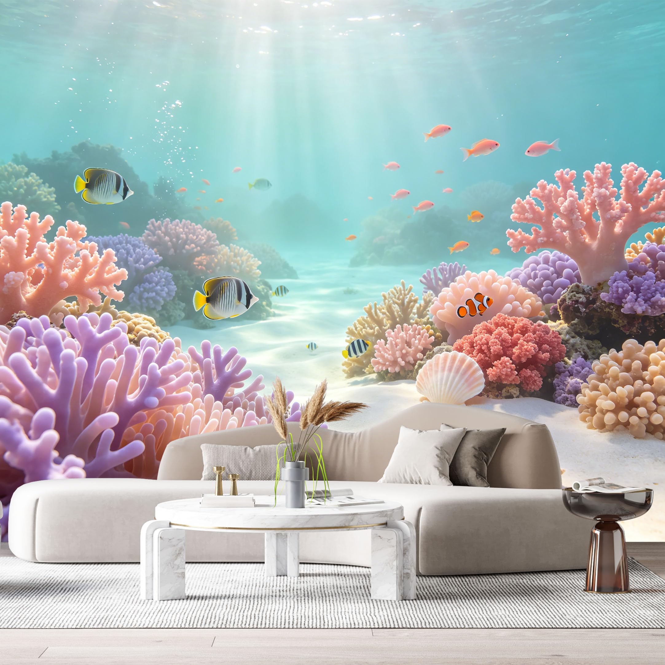 Custom Size Wall Murals Ocean Marine Watercolor Coral Reef Tropical Fish Seashell SelfAdhesiveWall Fabric Removable Wallpaper Wall Decor for Living Room Bedroom Bathroom