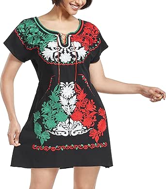 YZXDORWJ Women Mexican Embroidered Fiesta Dress V Neck Dress Short Sleeve