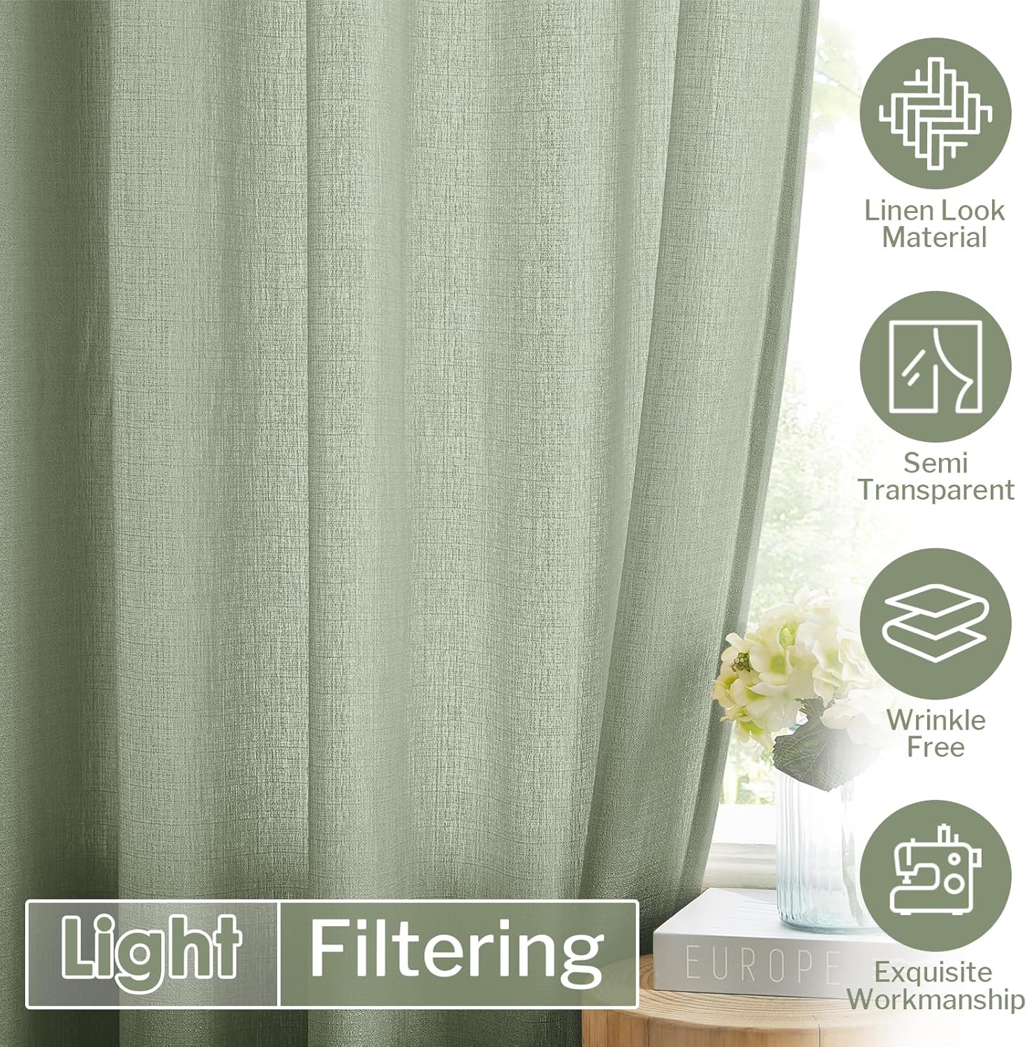 Melodieux Sage Green Semi Sheer Curtains 96 Inches Long for Living Room, Bedroom Faux Linen Light Filtering Grommet Privacy Sheer Drapes, 52 by 96 Inch, 2 Panels