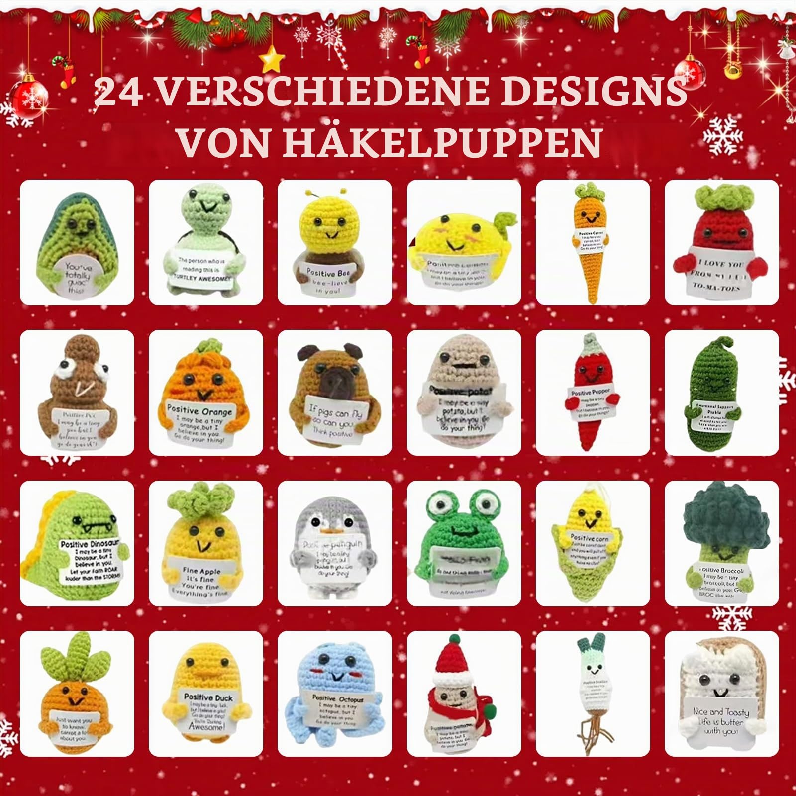 Emotionale Unterstützung Adventskalender 2025, 24 Tage Weihnachtszählkalender mit 24 einzigartigen positiven Häkel-Tierchen, Perfektes Herzwärmendes Geschenk for Familie & Freunde
