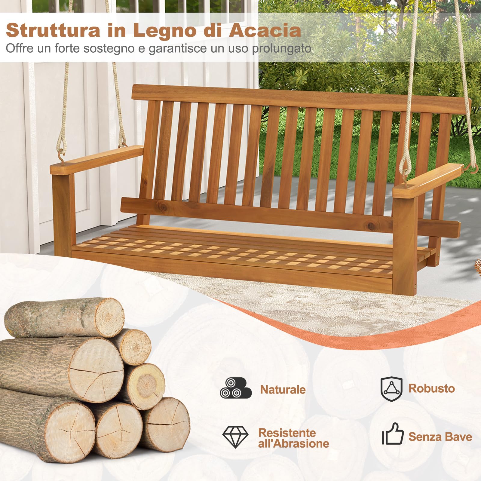 COSTWAY Altalena da Giardino in Legno di Acacia, Panchina Sospesa con 2 Posti, Sedia a Dondolo per Giardino, Sedia Sospesa con Schienale, Portata 360 kg, per Giardino Balcone Cortile