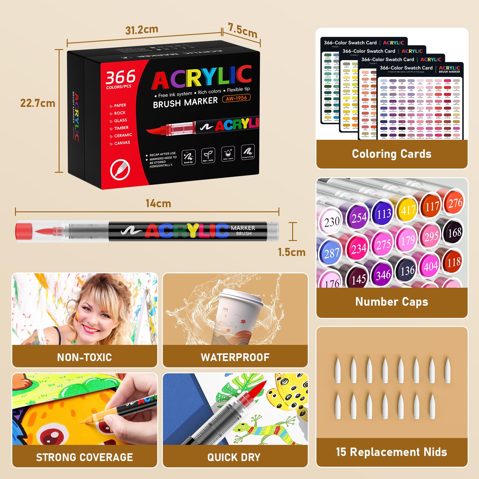 Patamiyar 366 Couleurs Feutre Acrylique, Peinture Acrylique, Marqueur Acrylique à pointe pinceau de 1 à 5 mm pour Pierre, Tissu, Verre, Céramique, Toile, Papier, Bois, Oeuf et Décoration, Idée Cadeau - 5