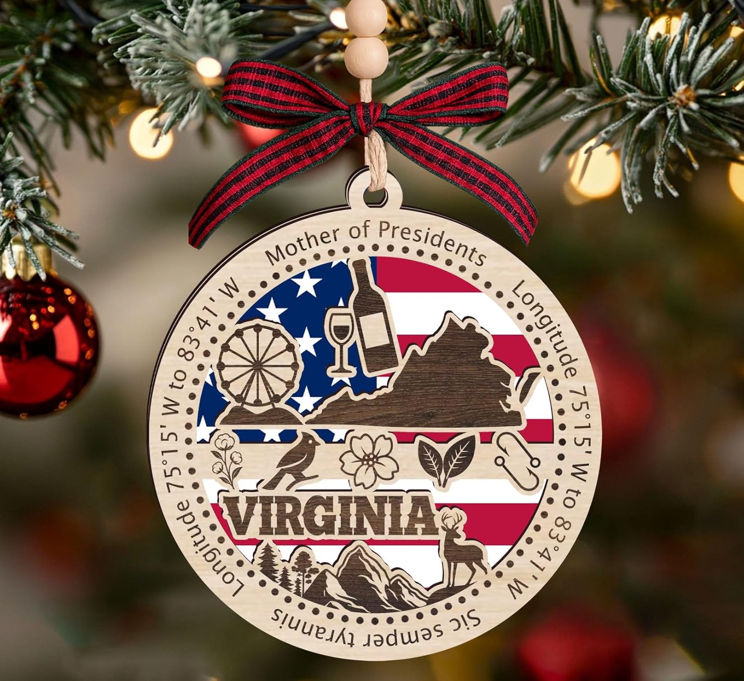 Virginia State Wooden Ornament - States Christmas Ornaments - Va State - Moving to Virginia Gift - First Christmas to Va - 2 Layer Ornament Wooden 4Inch - Image 2