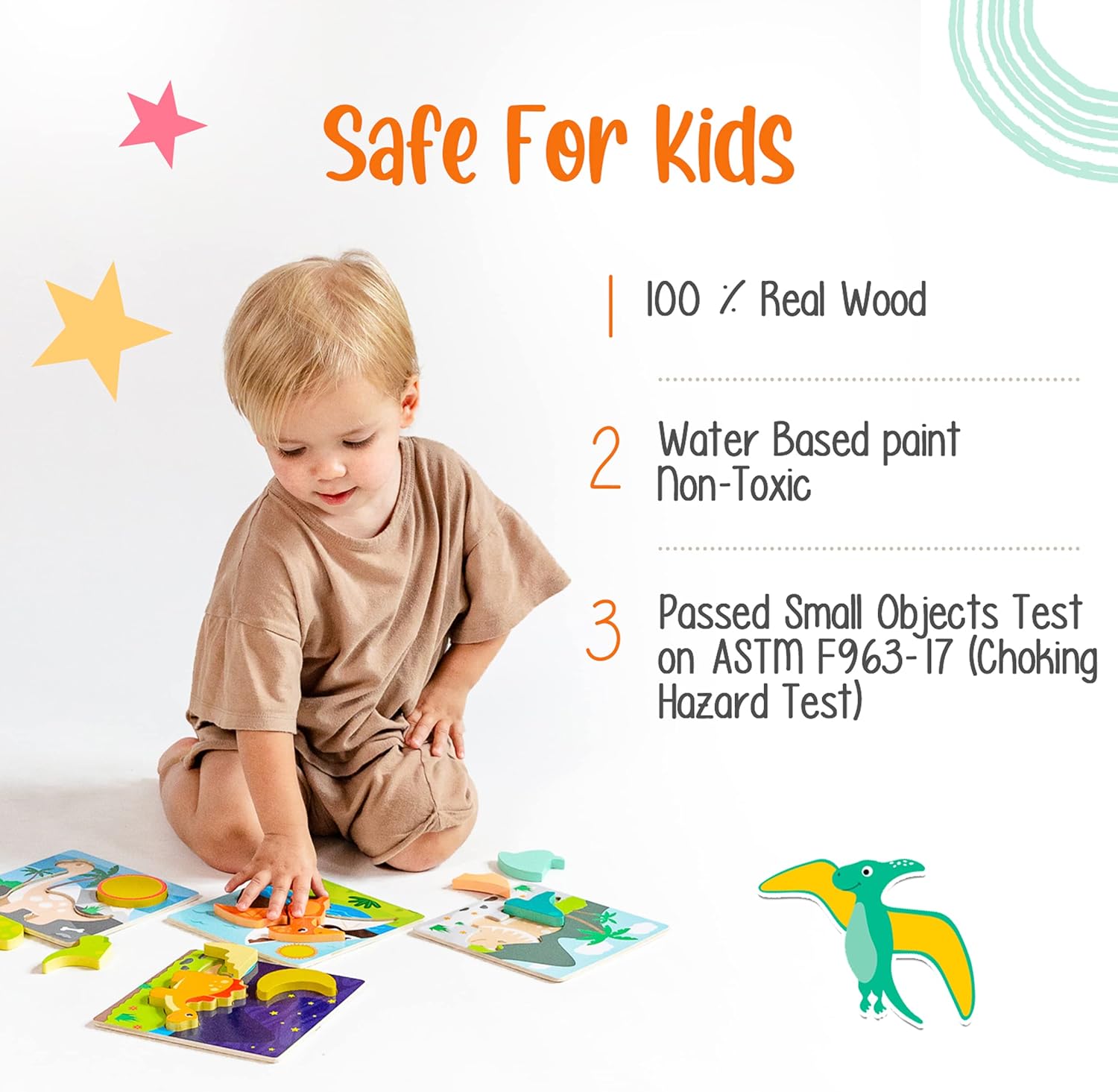 Klevly 6 PK Dinosaur Wooden Toddler Puzzles Ages 2-4 | Wooden Puzzles for Toddlers 18 Months to 3 Yrs | Montessori Toys for 2 Year Old | Learning Toys for 2+ Year Olds