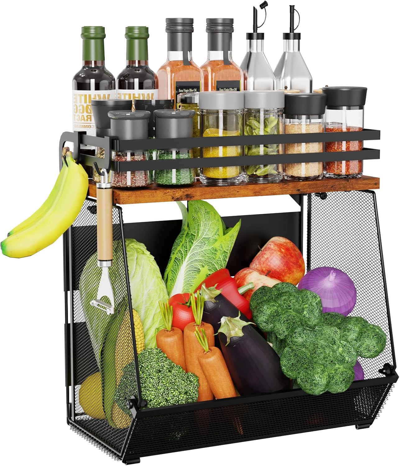 Magnetic Shelf for Fridge with Wood Lid - Magnetic Spice Rack for Refrigerator， Mesh Design Large Shelf Basket, Shelves for Kitchen Pantry Storage Organizer for Food Fruit Veg (1Pack)