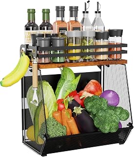 Magnetic Shelf for Fridge with Wood Lid - Magnetic Spice Rack for Refrigerator， Mesh Design Large Shelf Basket, Shelves for Kitchen Pantry Storage Organizer for Food Fruit Veg (1Pack)